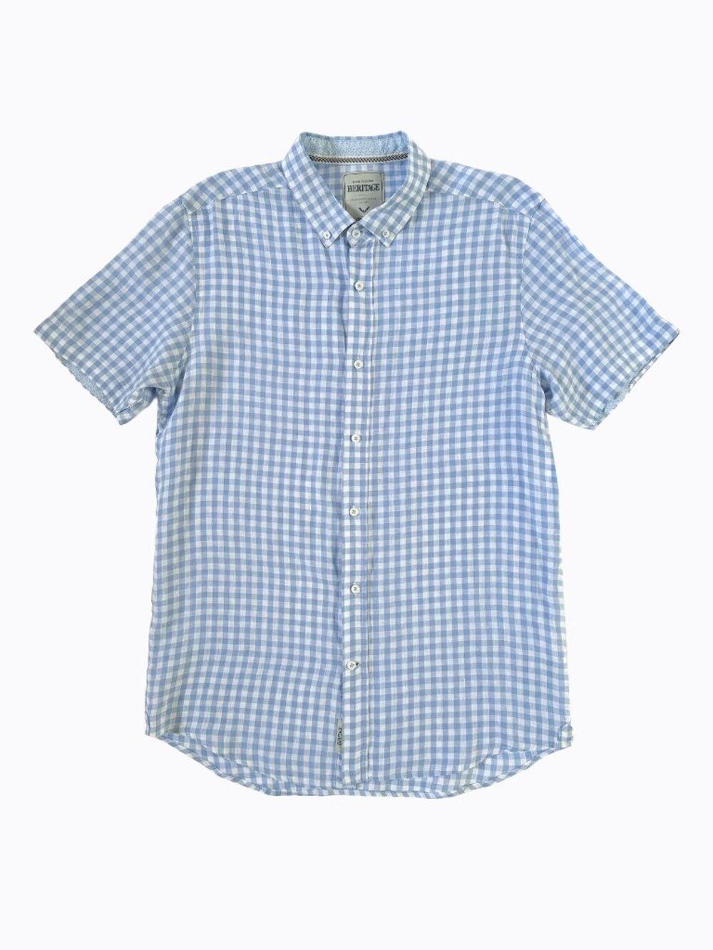 Report Collection Heritage 100% Linen Shirt Men Large Blue Plaid Gingham Preppy